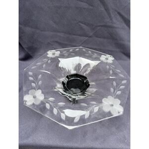 Vintage Heisey Glass Footed Octagon W/Etched Flowers Bowl With Black Glass base